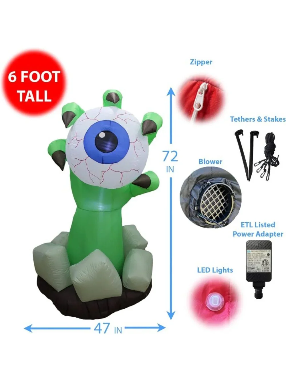 6 FT Inflatable Halloween Monster Hand with Eyeball - Spooky Yard Decor
